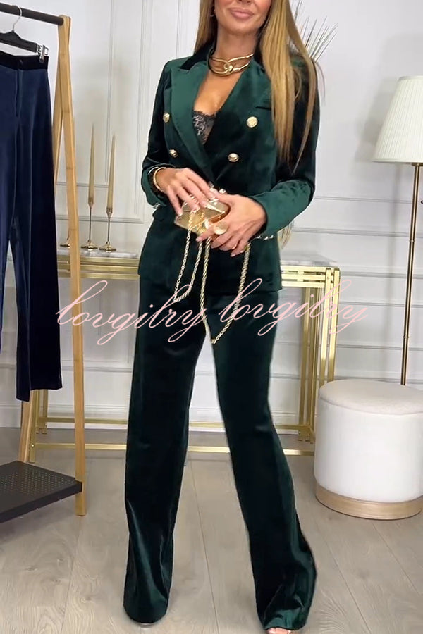 Guest of Honor Velvet Metal Button Lapel Blazer and Elastic Waist Pocketed Loose Pants Set