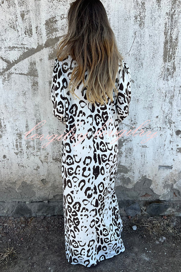 Leopard Print Loose V-neck Pocket Holiday Style Maxi Dress