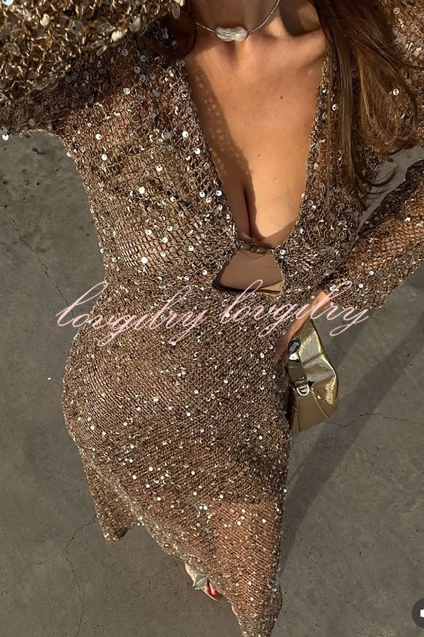 Fashion Sequined Hollow V-neck Long-sleeved Holiday Midi Dress