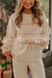 Candy Cane Cutie Loose Bow Tie Long-Sleeved Sweatshirt and Elastic Waist Pocket Pants Set