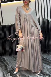 Satin Solid Color V-neck Lotus Leaf Sleeve Loose Pleated Maxi Dress