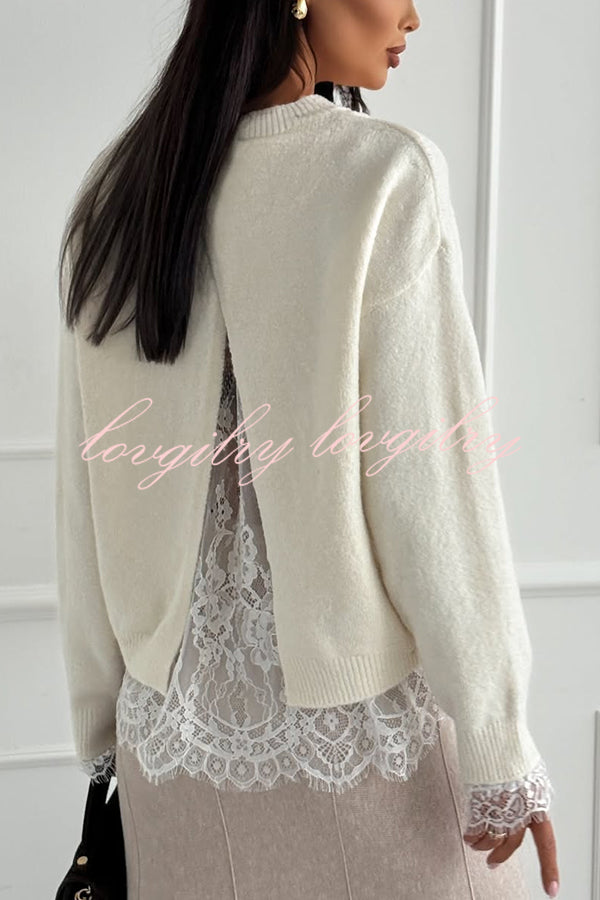 Caitlin Knit Lace Trim Patchwork Long Sleeve Back Slit Relaxed Sweater