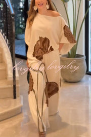Floral Print Batwing Sleeves Loose-fitting Top and Relaxed Pocket Straight Pants Set