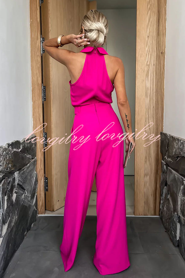 Fashionable Unique Look Halter Shirt Collar Wide Leg Jumpsuit