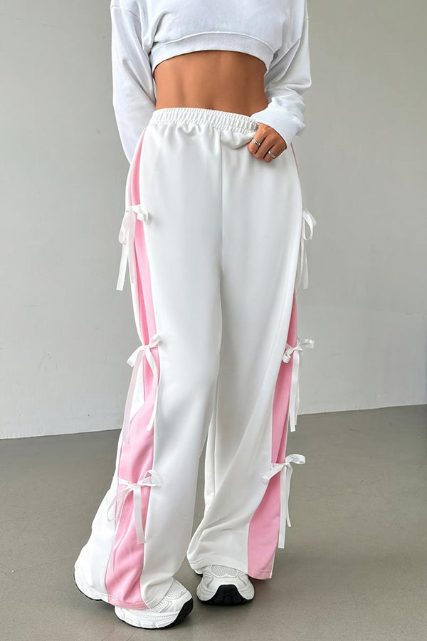 Fashion Elastic Waist Side Bow Casual Straight Wide-leg Pants