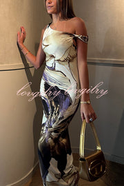 Charming Mentality Abstract Floral Print One Shoulder Stretch Maxi Dress