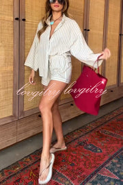 Effortless Chic Linen Blend Stripes Wide Sleeve Shirt and Elastic Waist Pocket Shorts Set