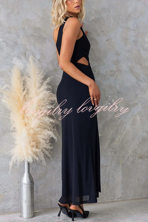 Solid Color Elegant Mesh One Shoulder Sexy Waist Hollow Out Maxi Dress