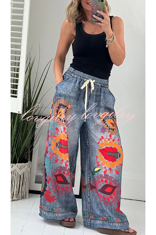 Hippie Style Unique Floral Denim Print Elastic Waist Pocket Wide Leg Pants