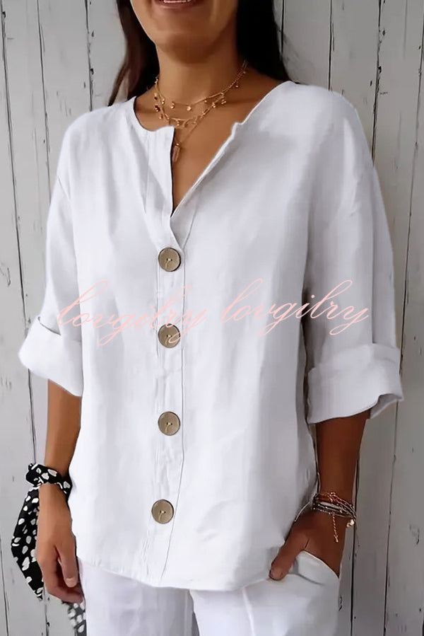 Solid Color V-neck Loose Button Top