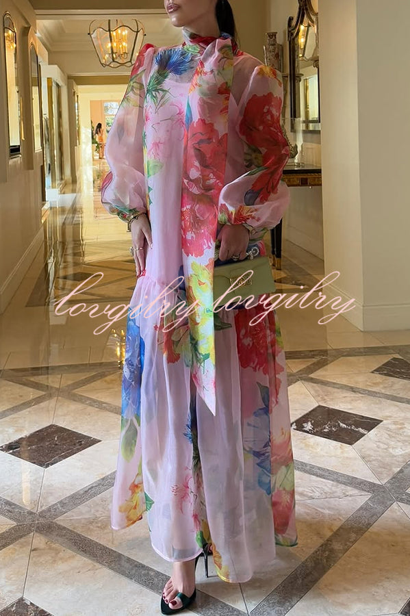 Garden Blooms Organza Floral Print Tie-up Neck Balloon Sleeve Loose Maxi Dress