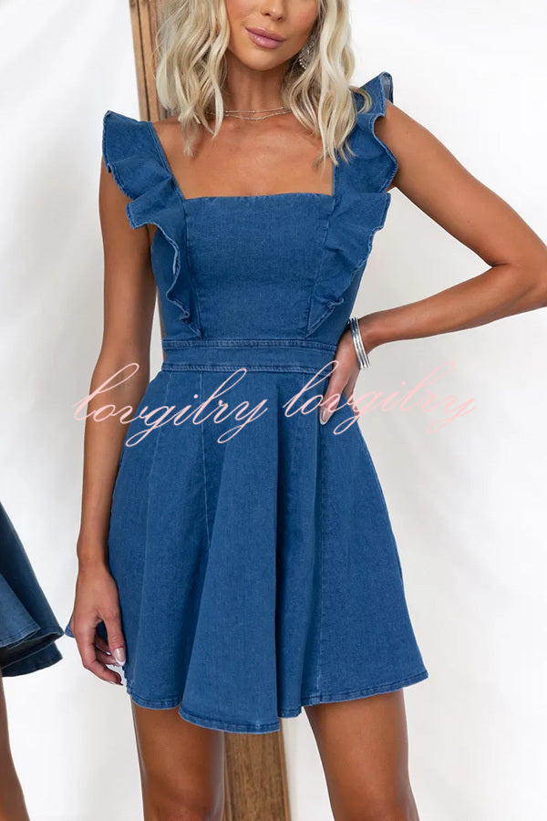 Sweet Secret Denim Square Neck Ruffle Sleeve Stretch Mini Dress