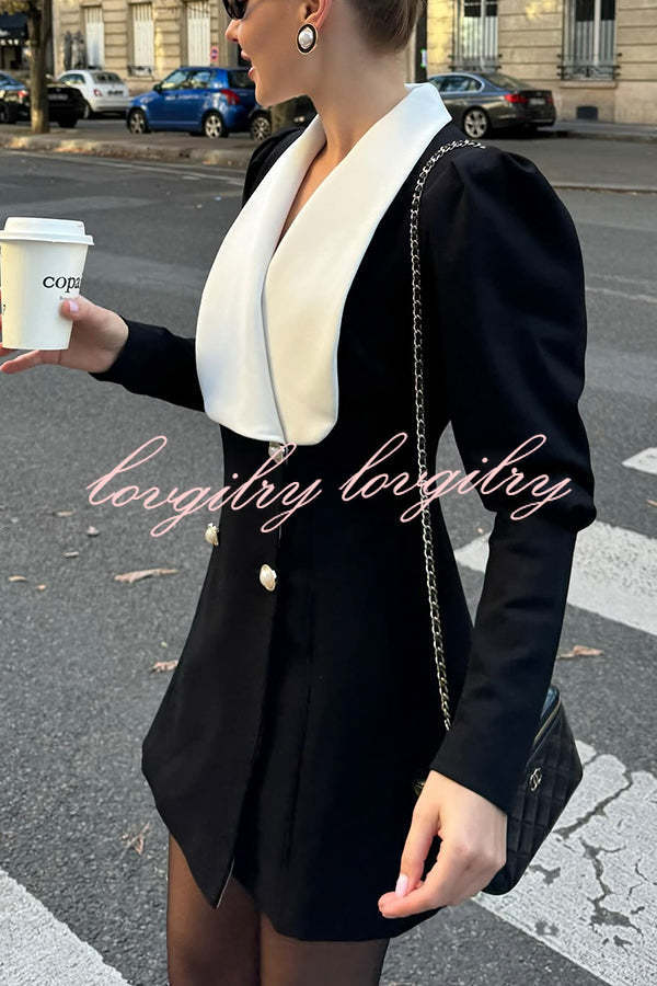 Elegance in Classic Contrast Color Metal Buckle Lapel Blazer Mini Dress