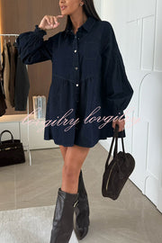 Fashion Heart Button Long Sleeve Casual Pocket Denim Mini Dress