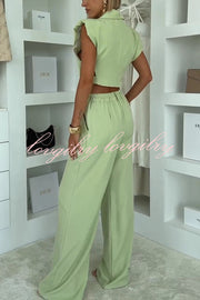 Fashion Style Lapel Waist-baring Irregular Vest and  Elastic Waist Pocket Loose Pants Set