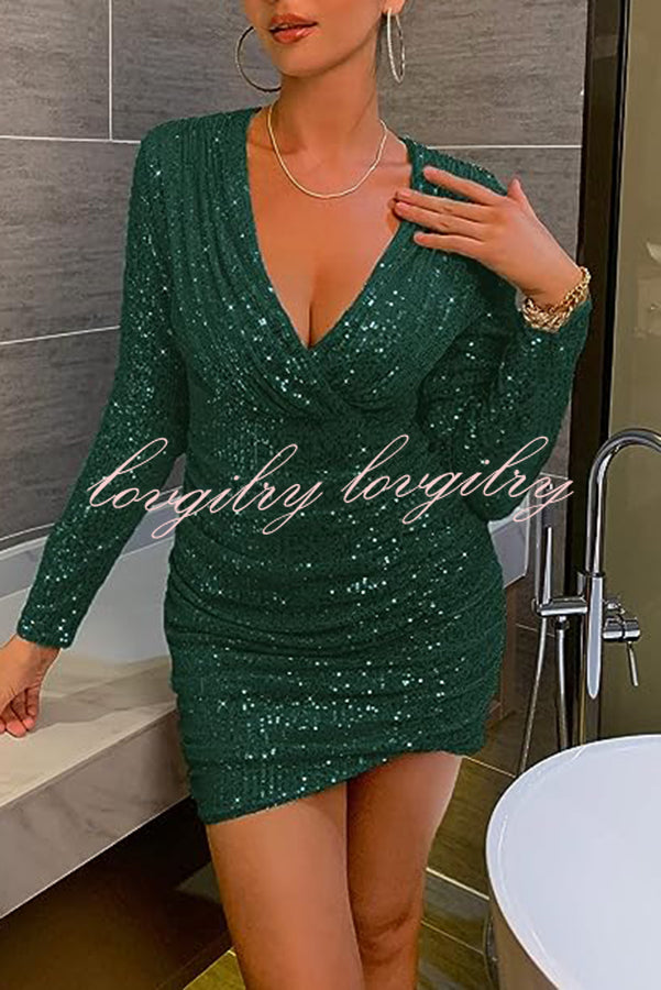 V Neck Wrap Hip High Waist Sequin Mini Dress