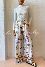 Sail Away Satin Unique Nautical Motifs Print Elastic Waist Pocketed Wide Leg Pants