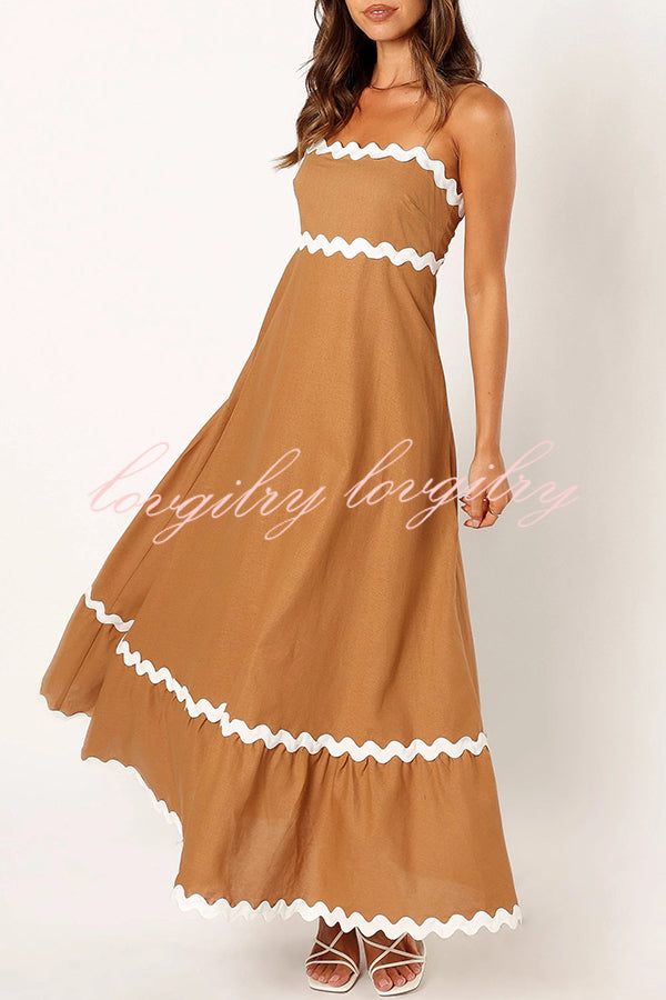 Bayside Beauty Wave Trim Patchwork Back Smocked Suspender Maxi Dress