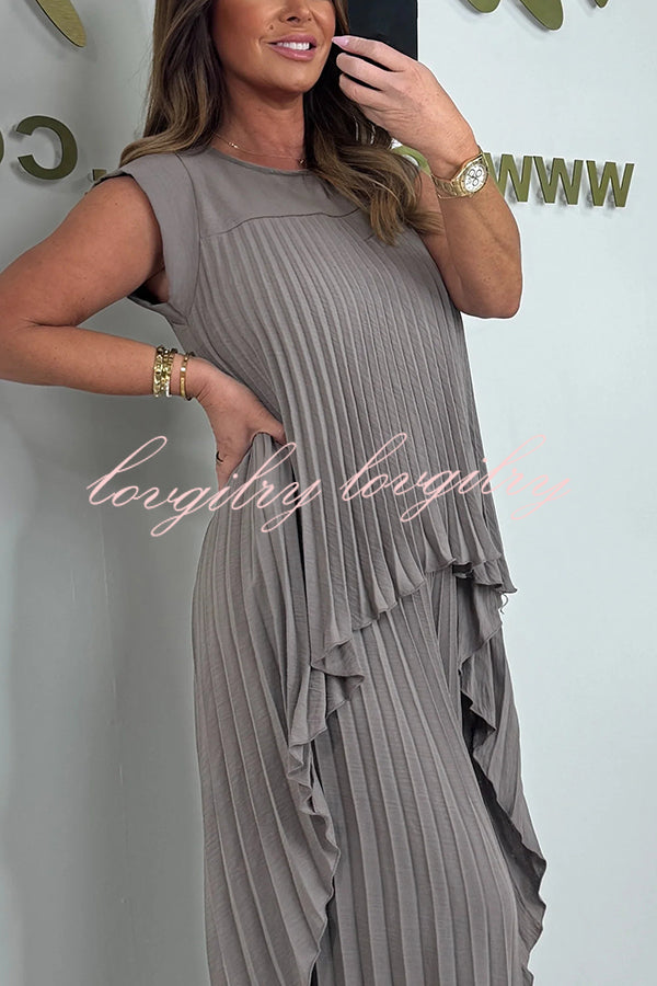 Laney Pleated Short Sleeve Irregular Midi Top and Elastic Waist Wide Leg Pants Set