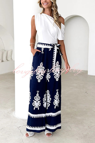 Unique Ethnic Print Belted Casual Pocket Wide Leg Pants