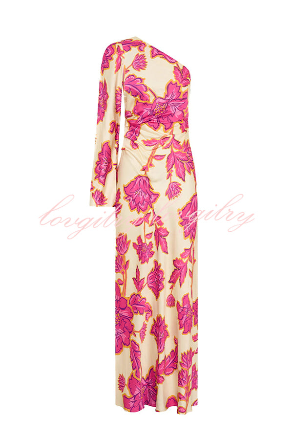 Rhia Satin Floral Print One Shoulder Flared Maxi Dress