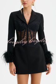 GIA Lace Corset Waist Feather Sleeve Structured Lapel Blazer Mini Dress