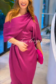Whispered Yes Satin Irregular Lapel Neckline Design Ruched Maxi Dress