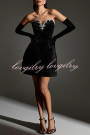 Ines Luxurious Velvet Jewel-encrusted Sweetheart Off Shoulder Neck Tulip Stretch Mini Dress