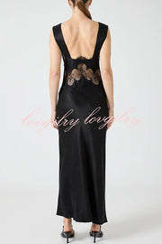 Wonderful Fusion Satin Lace Trim See-through Waist V-neck Drape Maxi Dress