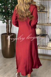 Solid Color V-neck Long-sleeved Loose Draped Maxi Dress