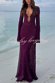 Seaside Goddess Crochet Knit Hollow Out Golden Ring Long Sleeve Cover-up Maxi Dress