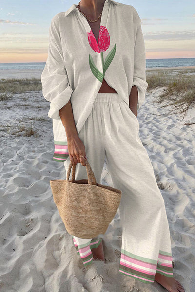 Tulip Print Oversized Shirt and Elastic Waist Pocket Pants Set
