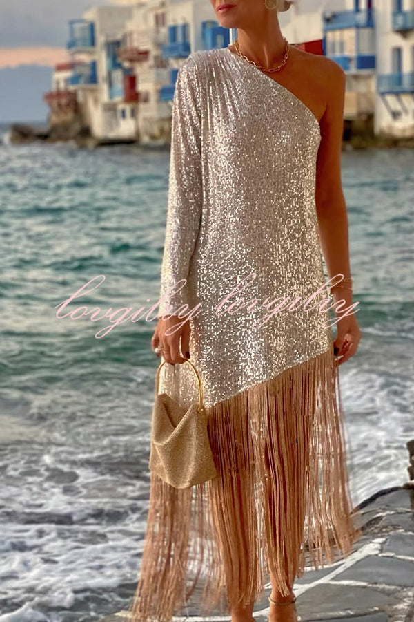 Anika Sequin One Shoulder Sleeve Tassel Hem H-line Midi Dress