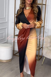 Romantic Sunset Gradient Print Ruched Balloon Sleeve Slit Maxi Dress