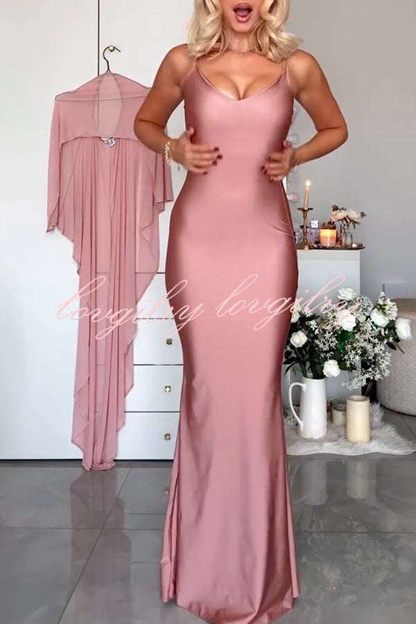 Party Charm Satin Sheer Chiffon High Low Cape Slip Maxi Dress