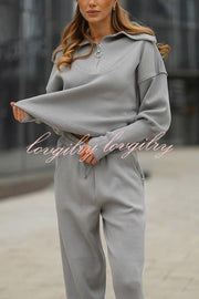 Solid Color Long-sleeved Zip-up Sweatshirt and Elastic Waist Loose Pocket Pants Set