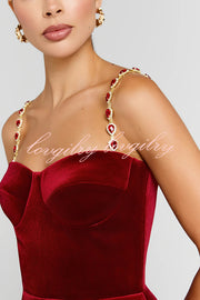 Harley Luxurious Velvet Fabric Jewel-embellished Shoulder Straps Pocket Tulip Mini Dress