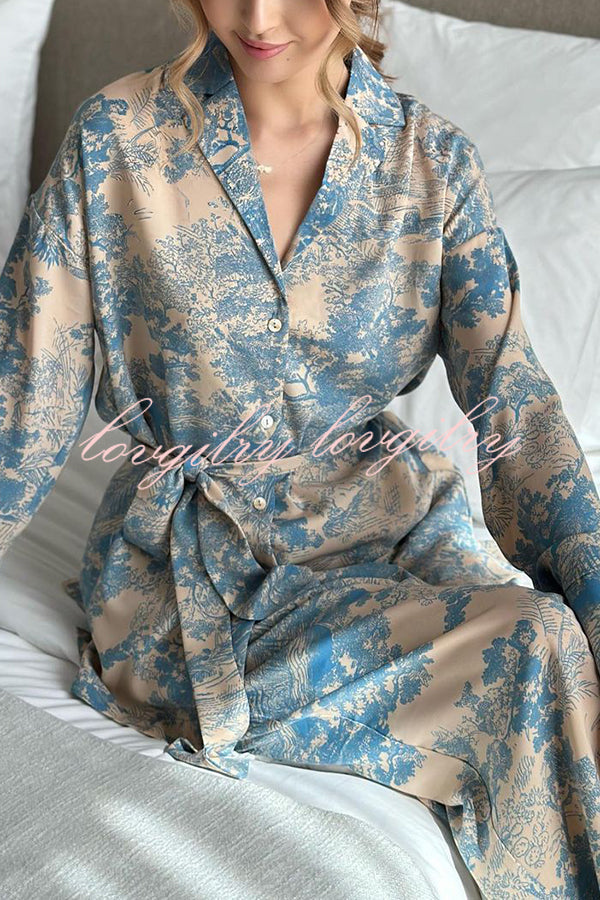 Unique Print Long-sleeved Tie Shirt and Elastic High-waist Wide-leg Pants Set