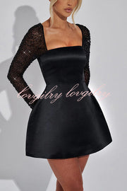 Like A Doll Sequin Long Sleeve Satin Pocketed Bubble Shape Mini Dress