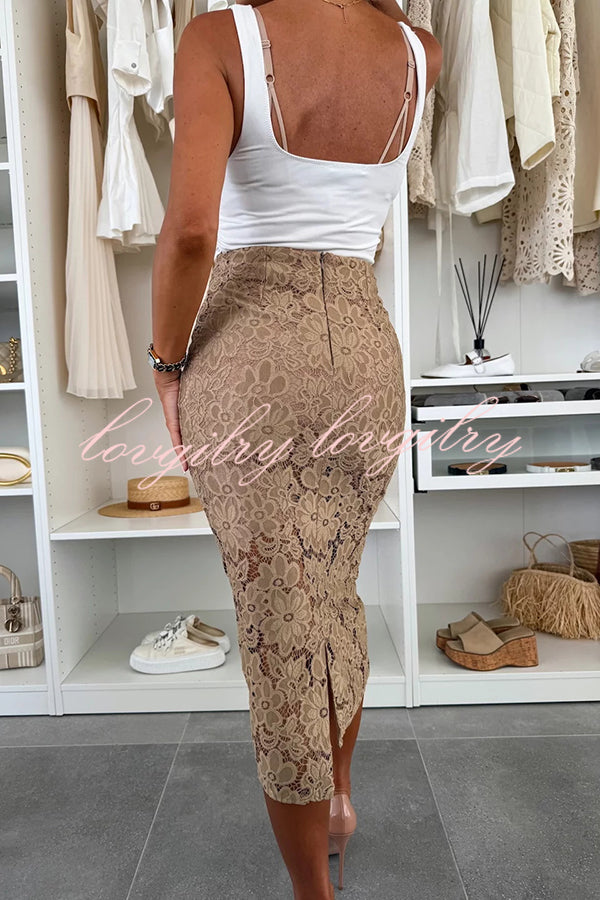 Lesia Floral Lace High Rise Slit Stretch Midi Skirt