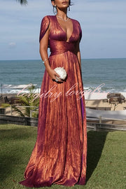 Dreamy Destiny Metallic Fabric Cape Sleeve Back Tie-up Maxi Dress