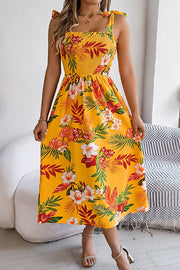 Plant Print Suspenders Pleated Holiday Beach Midi Dress