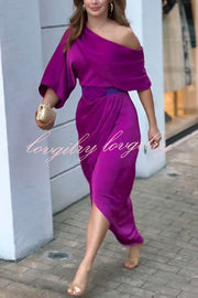 Whispered Yes Satin Irregular Lapel Neckline Design Ruched Maxi Dress