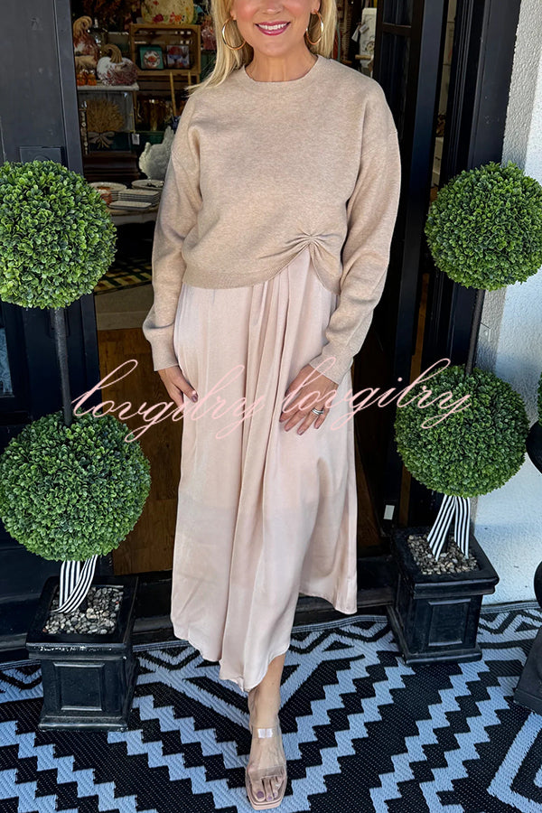 Practical Fashion Knit Ruched Sweater and Satin Stretch Tank Midi Dress Two-piece Set