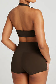 Fashionable Sports Yoga Style Halterneck Top and Stretch Slim Shorts Set