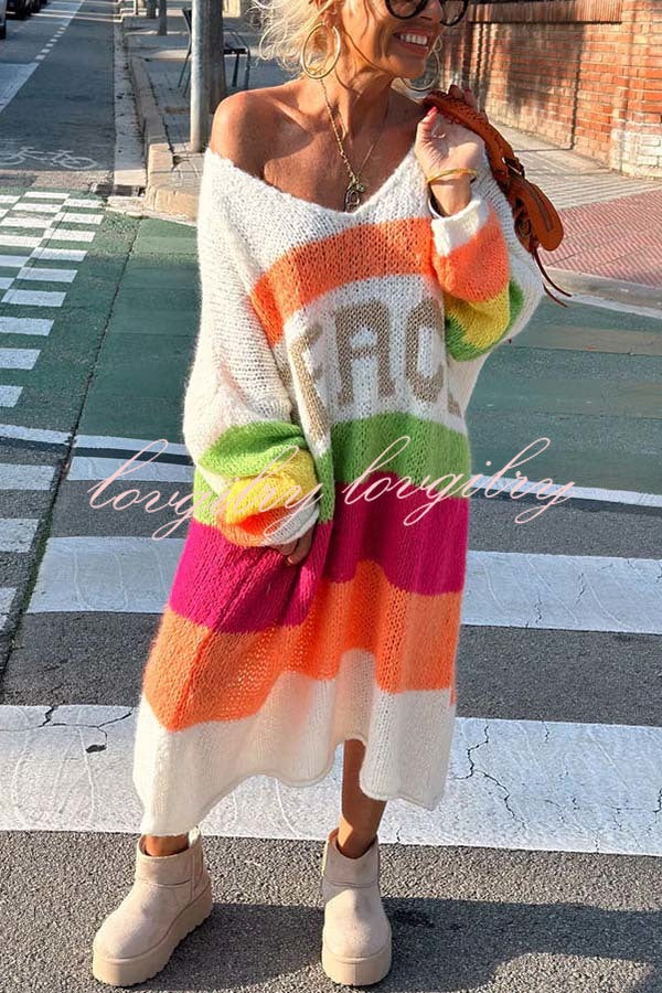 True Faith Knit Peace Pattern Color Blocks Loose Midi Sweater Dress