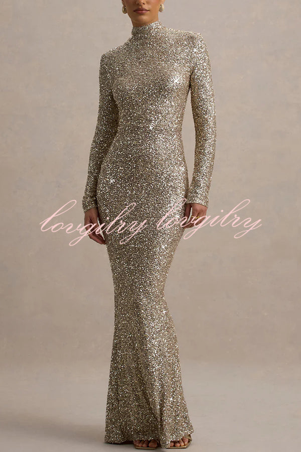 Galaxy Premium Sequin Turtle Neck Long Sleeve Maxi Dress