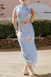 Anabelle Satin Lace Detail Floral Print High Cowl Neck Maxi Dress