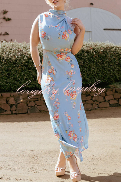 Anabelle Satin Lace Detail Floral Print High Cowl Neck Maxi Dress