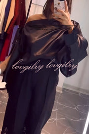 Chic Moment Satin Irregular Knot Slit Sleeve One Shoulder Loose Blouse